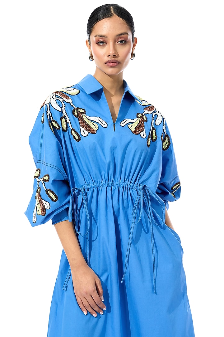 Blue Cotton Embellished Ruched Vacation Dress by Kanika Goyal at Pernia's Pop Up Shop