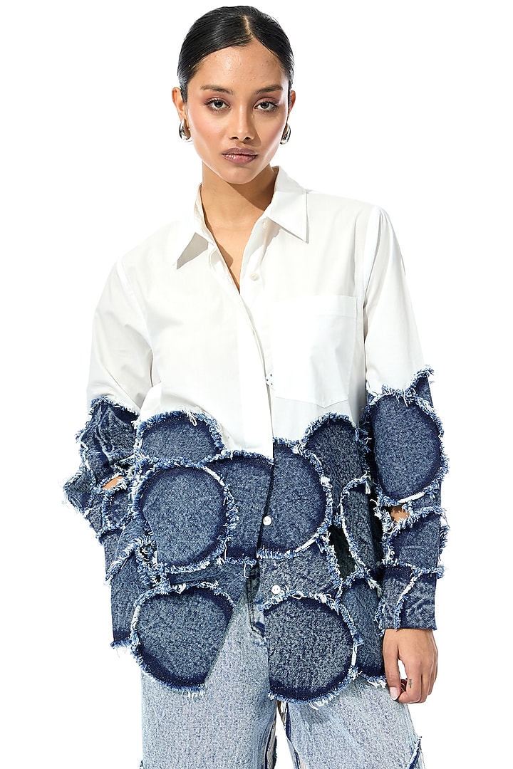 White Cotton Denim Patchwork Shirt by Kanika Goyal at Pernia's Pop Up Shop
