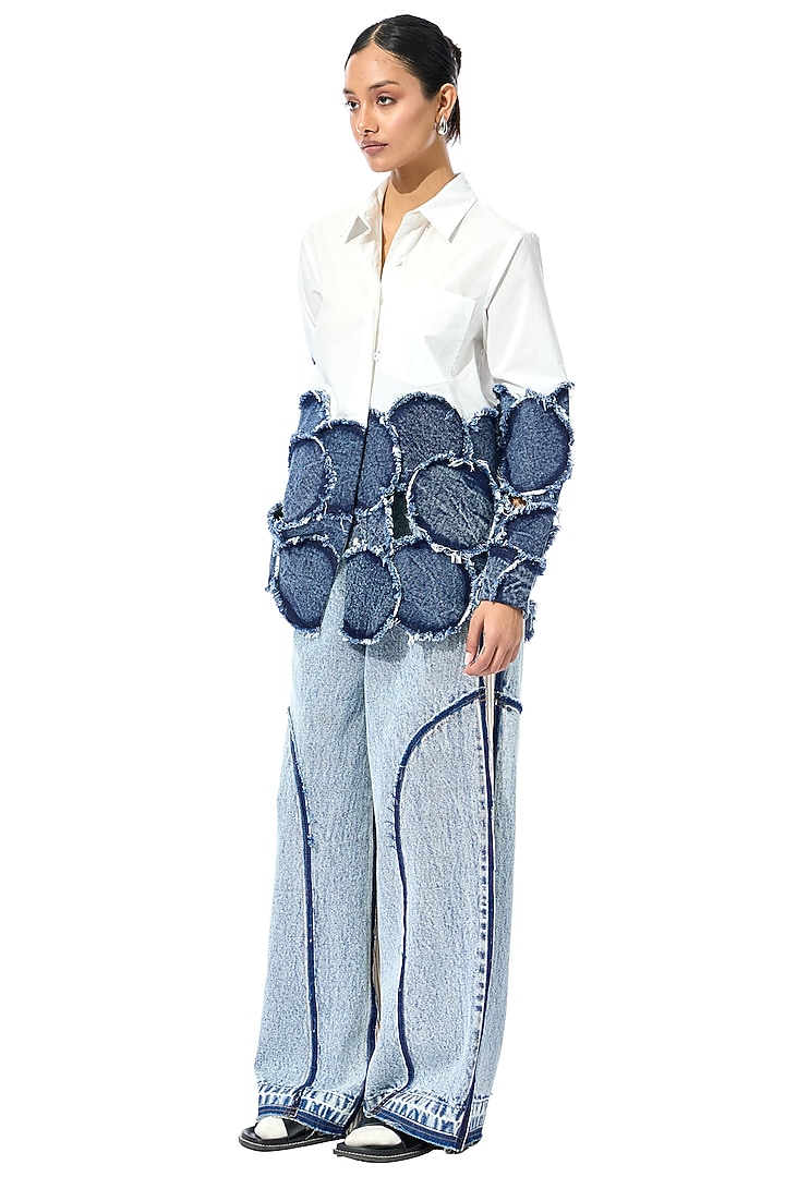 White Cotton Denim Patchwork Shirt by Kanika Goyal at Pernia's Pop Up Shop