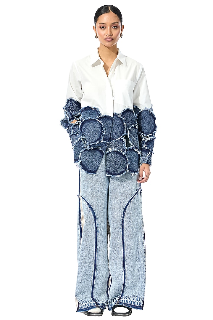 White Cotton Denim Patchwork Shirt by Kanika Goyal at Pernia's Pop Up Shop
