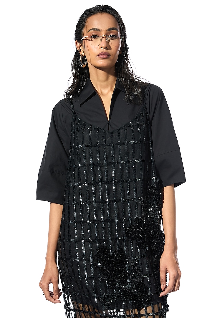 Black Cotton Vacation Shirt Dress by Kanika Goyal at Pernia's Pop Up Shop