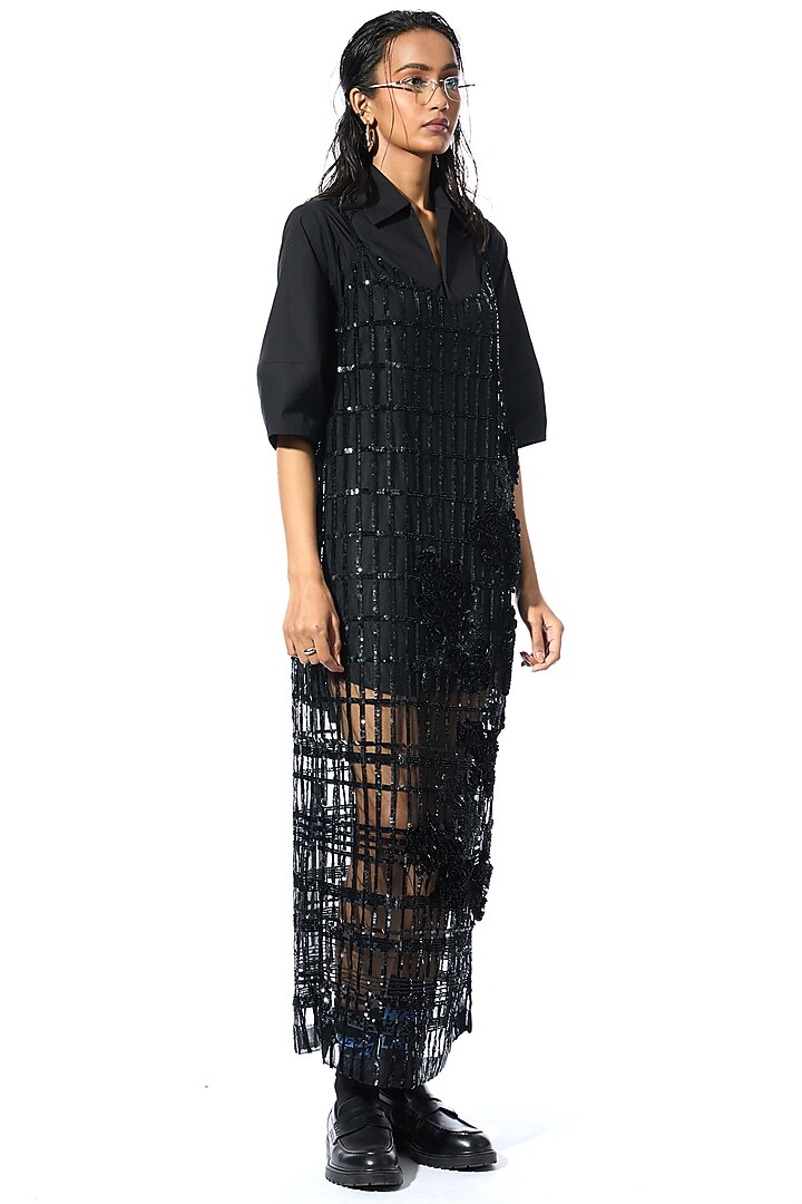 Black Cotton Vacation Shirt Dress by Kanika Goyal at Pernia's Pop Up Shop