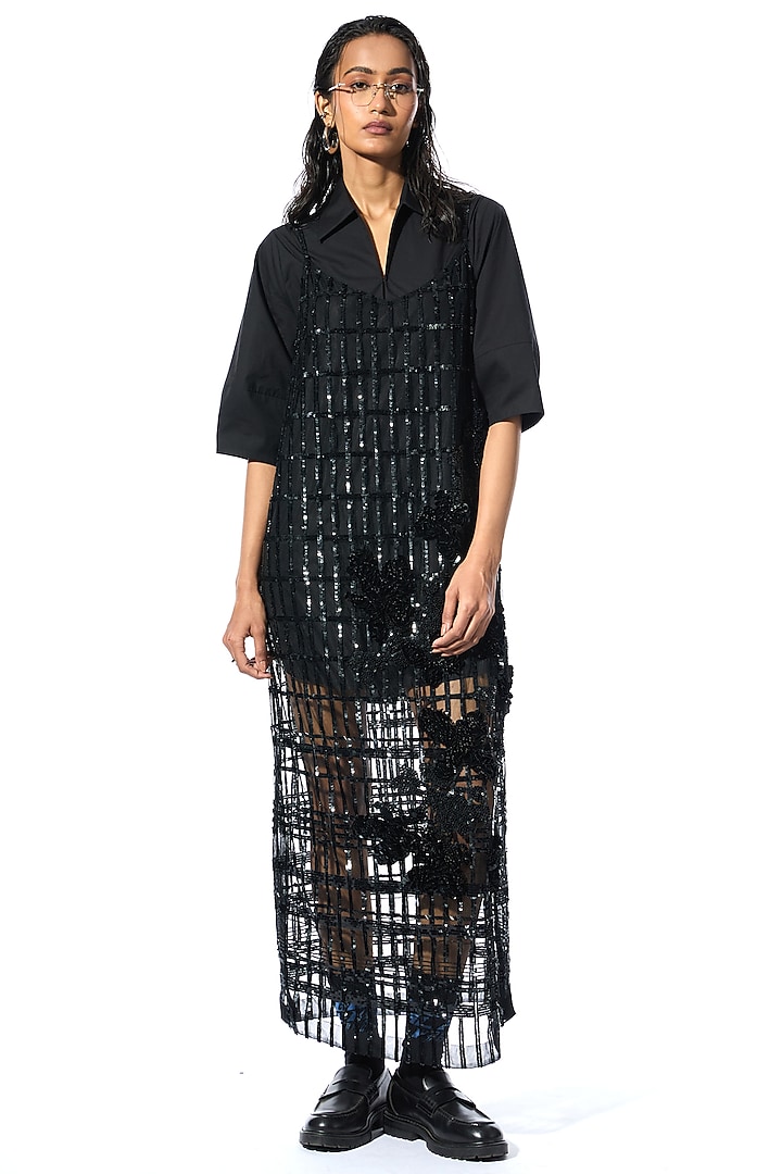 Black Cotton Vacation Shirt Dress by Kanika Goyal at Pernia's Pop Up Shop