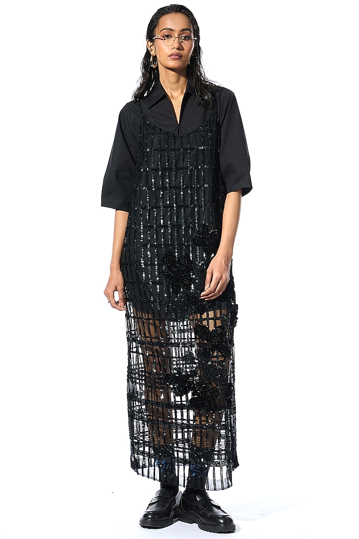 Black Net & Satin Floral Embellished Party Wear Dress by Kanika Goyal at Pernia's Pop Up Shop