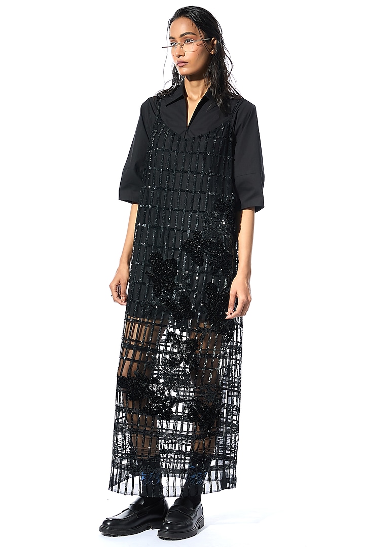 Black Net & Satin Floral Embellished Party Wear Dress by Kanika Goyal at Pernia's Pop Up Shop