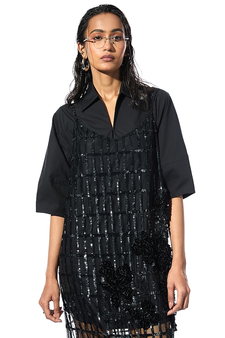 Black Net & Satin Floral Embellished Party Wear Dress by Kanika Goyal at Pernia's Pop Up Shop