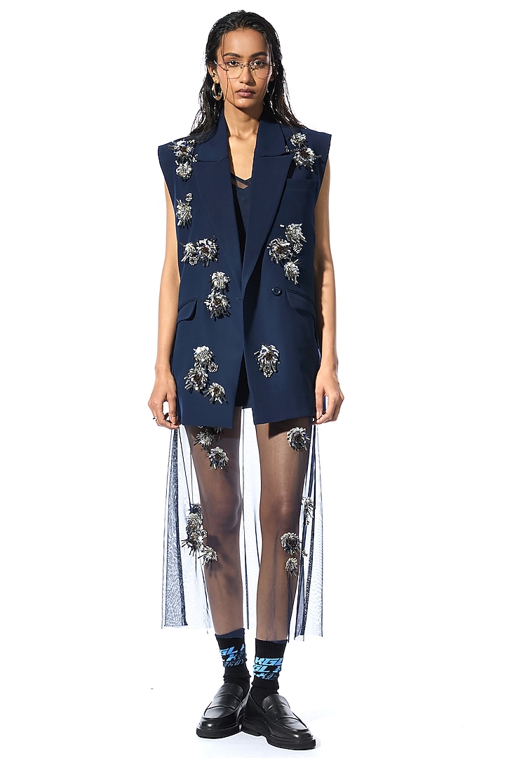 Navy Blue Polyester Embellished Vest by Kanika Goyal at Pernia's Pop Up Shop