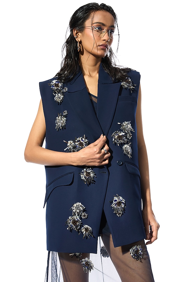 Navy Blue Polyester Embellished Vest by Kanika Goyal at Pernia's Pop Up Shop