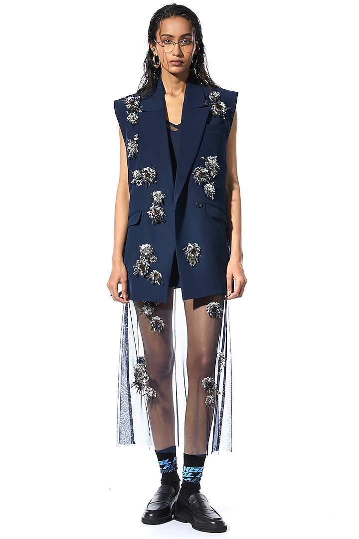 Navy Blue Net & Satin Embellished Vacation Dress by Kanika Goyal at Pernia's Pop Up Shop