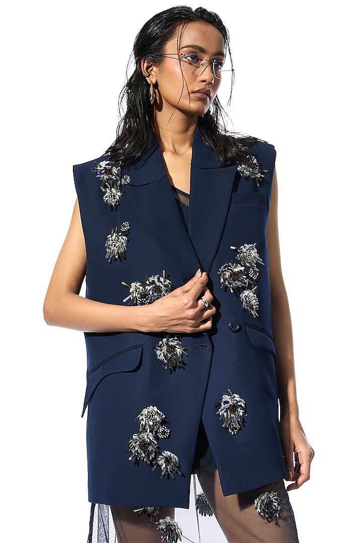 Navy Blue Net & Satin Embellished Vacation Dress by Kanika Goyal at Pernia's Pop Up Shop