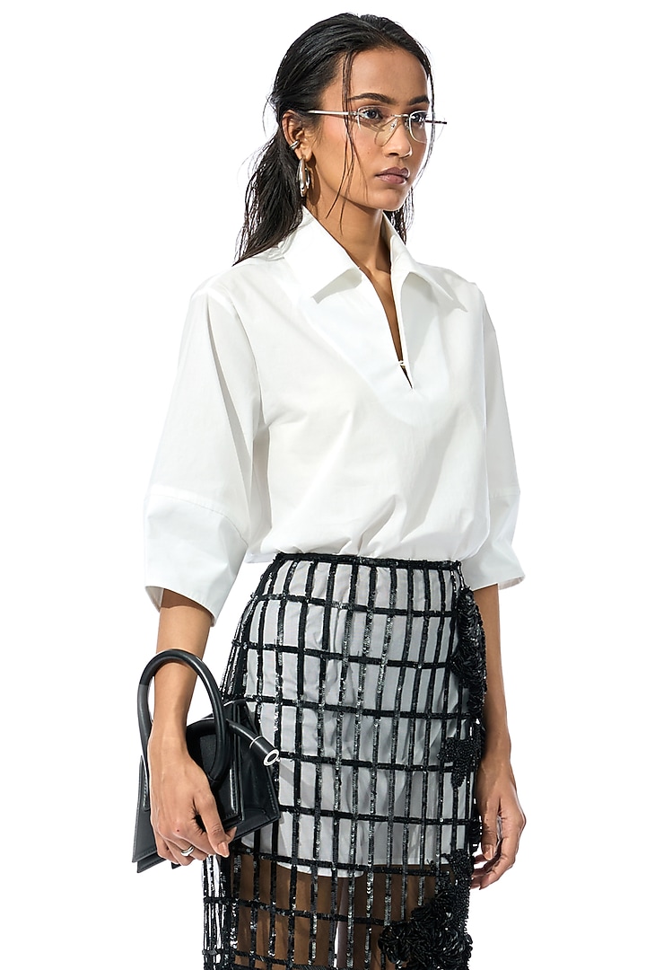 Off-White Cotton Mini Vacation Shirt Dress by Kanika Goyal at Pernia's Pop Up Shop