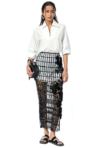 Black Polyester Net Floral Embellished Midi Skirt by Kanika Goyal