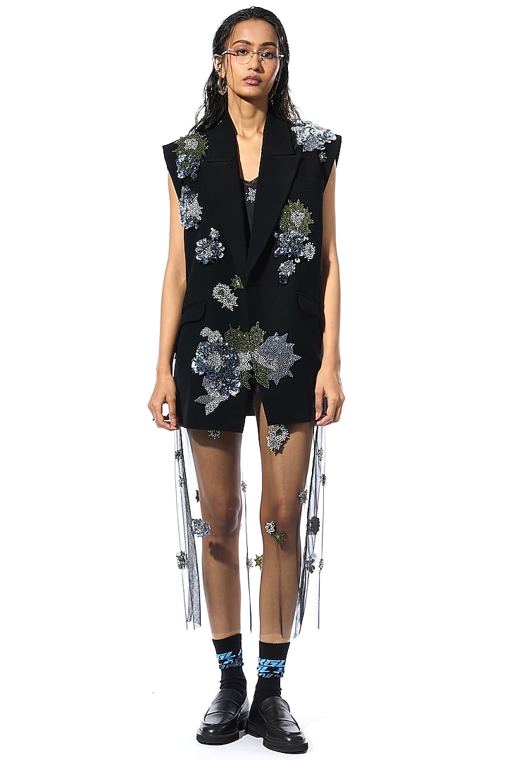 Black Polyester Embellished Vest by Kanika Goyal at Pernia's Pop Up Shop