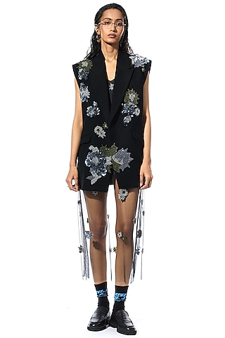 Black Polyester Embellished Vest by Kanika Goyal