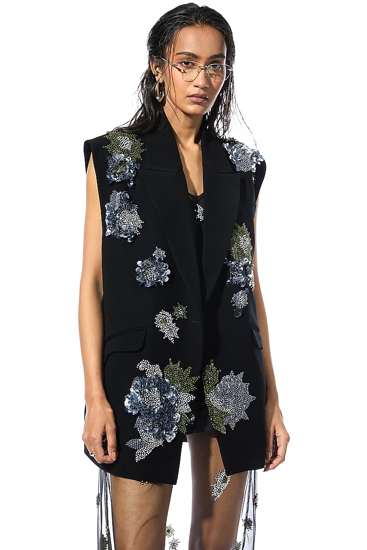 Black Polyester Embellished Vest by Kanika Goyal at Pernia's Pop Up Shop