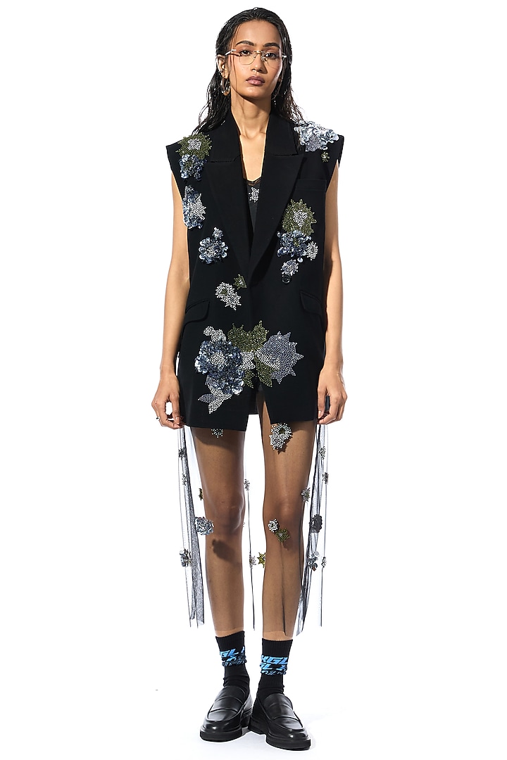 Black Net & Satin Embellished Vacation Dress by Kanika Goyal at Pernia's Pop Up Shop