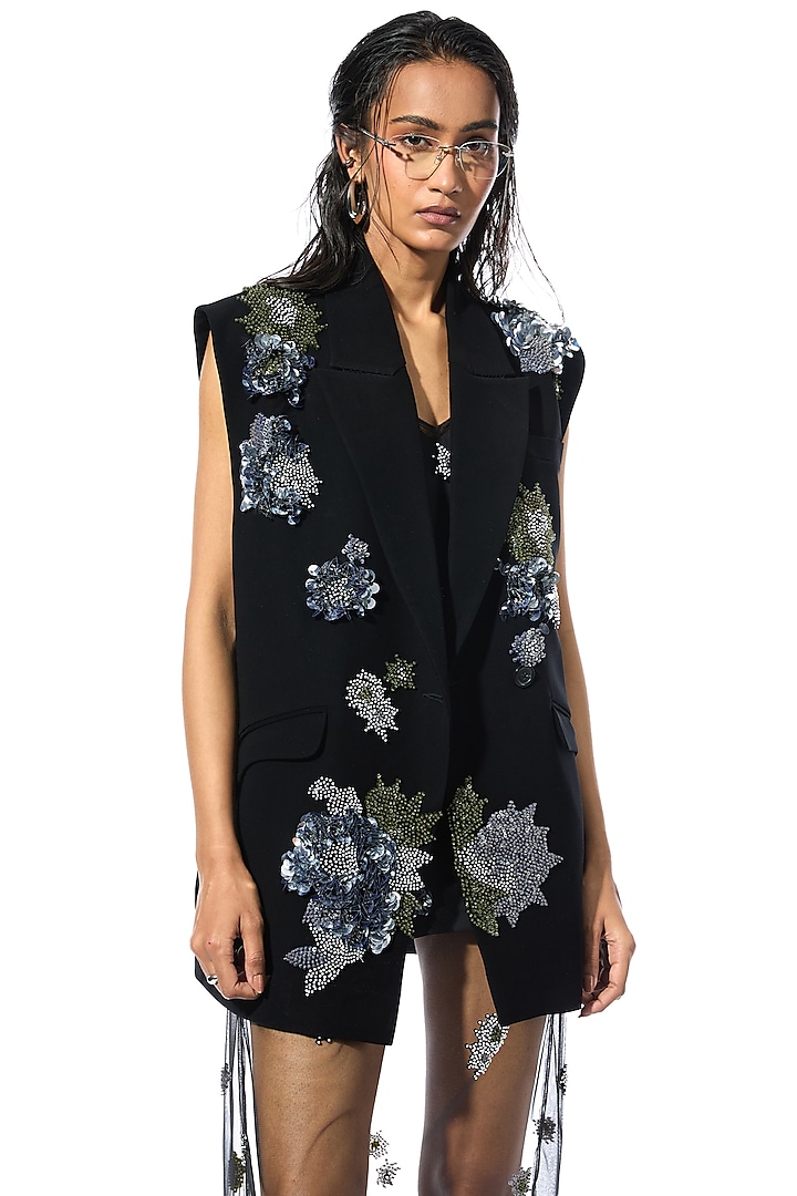 Black Net & Satin Embellished Vacation Dress by Kanika Goyal at Pernia's Pop Up Shop