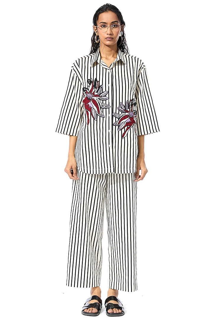 Beige & Black Cotton Embellished Striped Co-Ord Set by Kanika Goyal at Pernia's Pop Up Shop