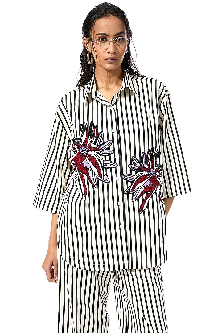 Beige & Black Cotton Embellished Striped Co-Ord Set by Kanika Goyal at Pernia's Pop Up Shop