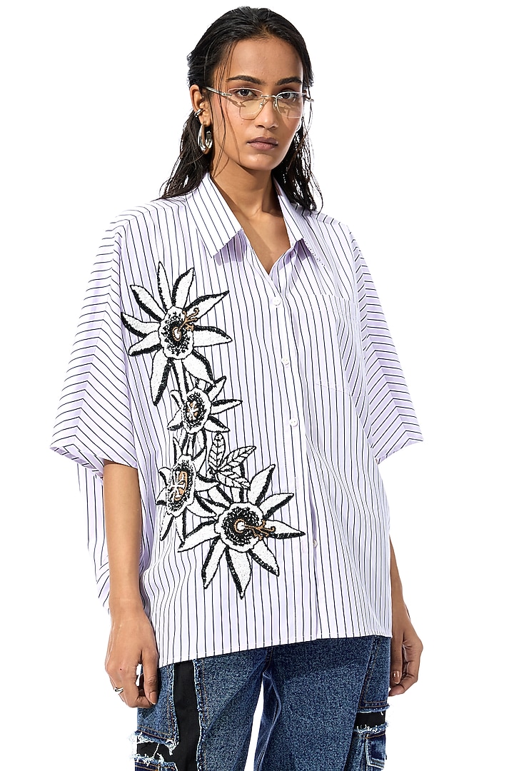 Lilac & Black Cotton Embellished Striped Shirt by Kanika Goyal at Pernia's Pop Up Shop