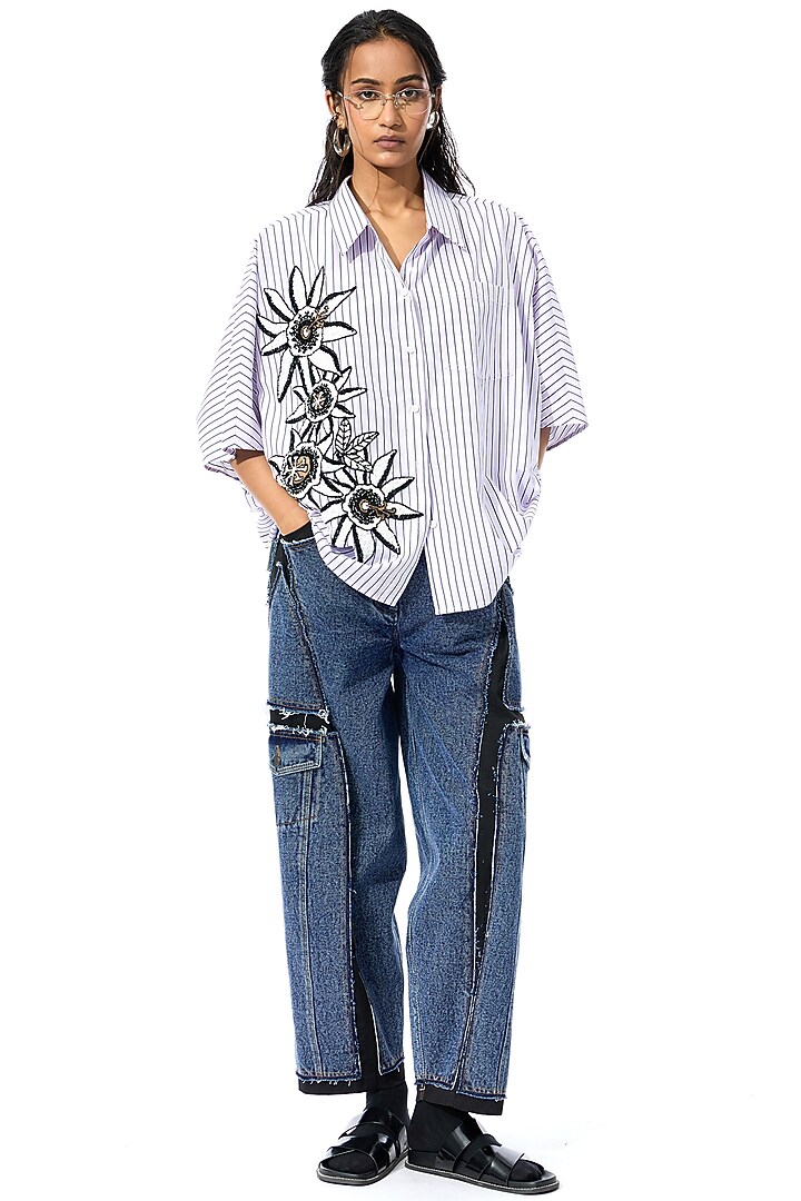 Lilac & Black Cotton Embellished Striped Shirt by Kanika Goyal at Pernia's Pop Up Shop