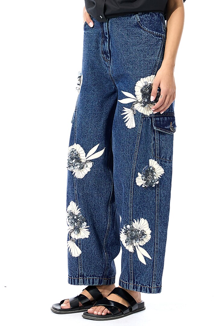 Blue Cotton Embellished Pants by Kanika Goyal at Pernia's Pop Up Shop