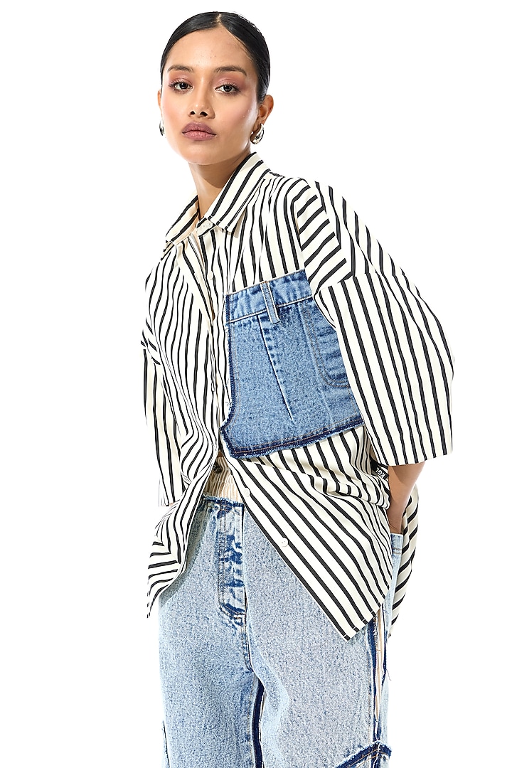 Beige & Black Cotton Striped Shirt by Kanika Goyal at Pernia's Pop Up Shop
