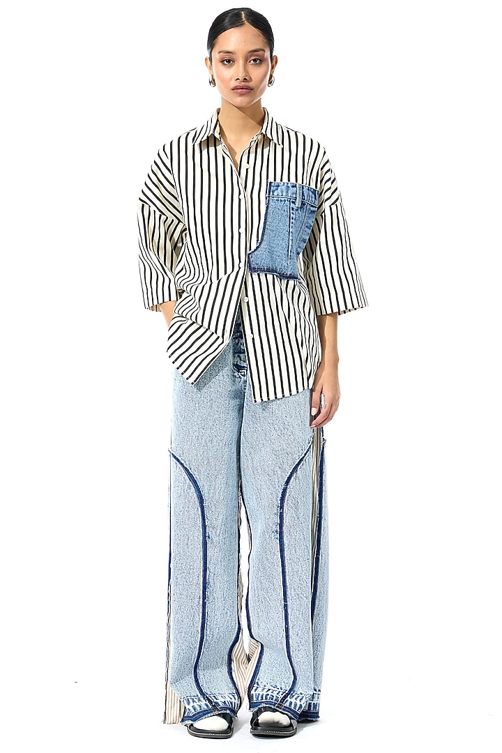 Beige & Black Cotton Striped Shirt by Kanika Goyal at Pernia's Pop Up Shop