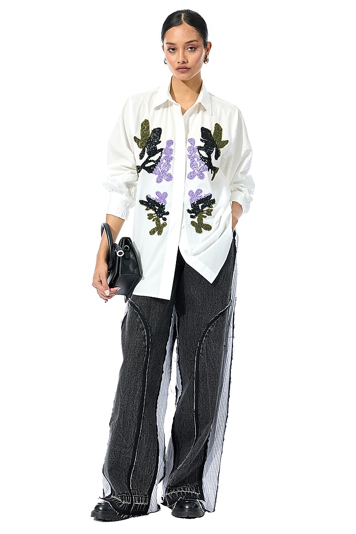 White Cotton Embellished Shirt by Kanika Goyal at Pernia's Pop Up Shop