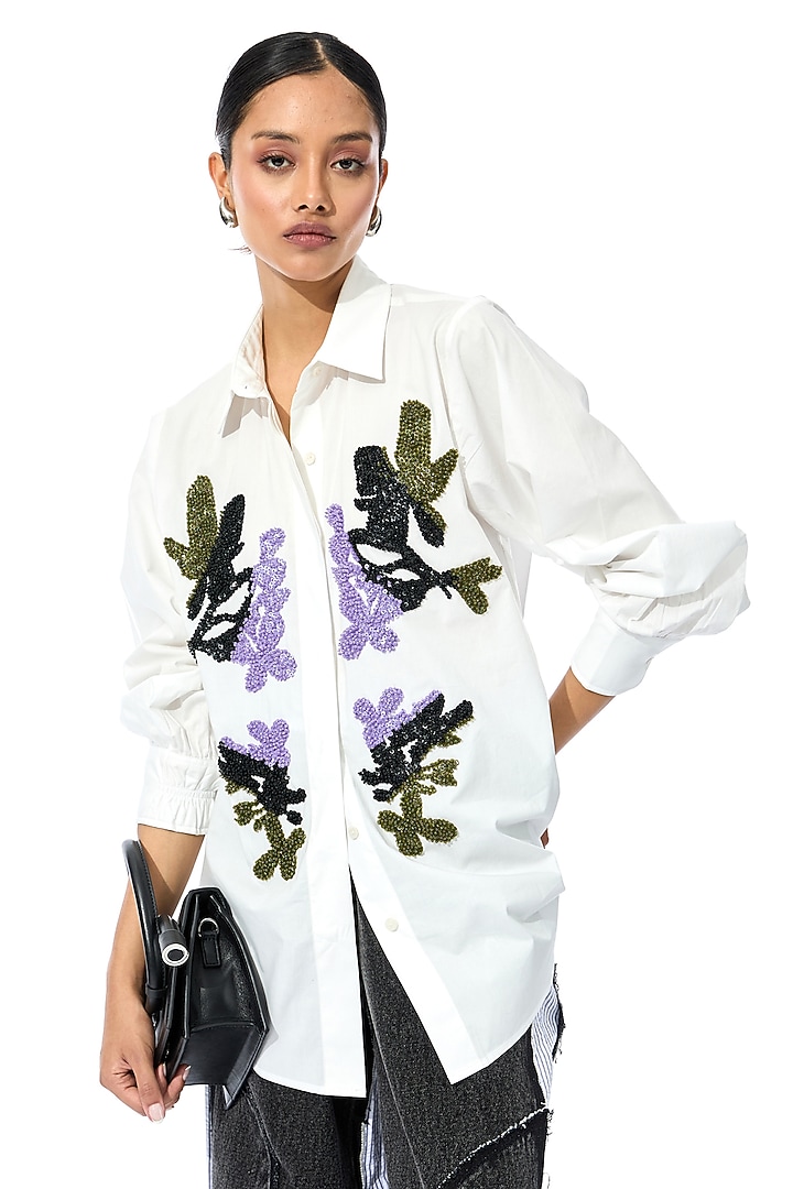 White Cotton Embellished Shirt by Kanika Goyal at Pernia's Pop Up Shop