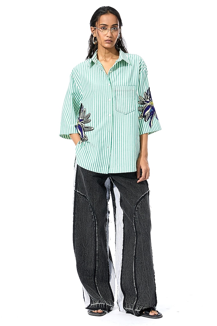 Green & White Cotton Embellished Striped Shirt by Kanika Goyal at Pernia's Pop Up Shop
