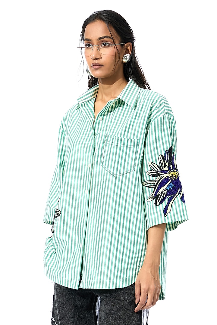 Green & White Cotton Embellished Striped Shirt by Kanika Goyal at Pernia's Pop Up Shop
