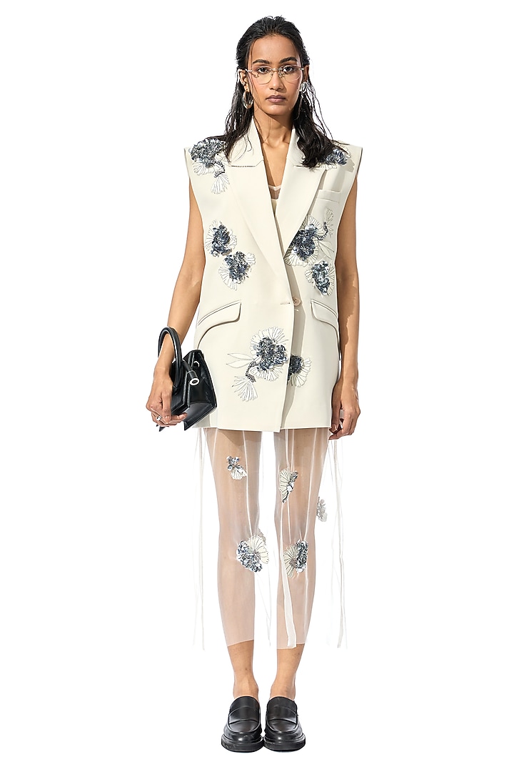 Off-White Japanese Crepe Embellished Vest by Kanika Goyal at Pernia's Pop Up Shop