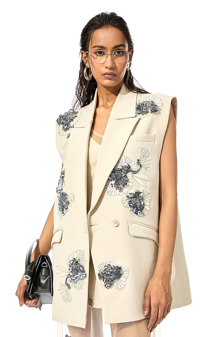 Off-White Japanese Crepe Embellished Vest by Kanika Goyal at Pernia's Pop Up Shop