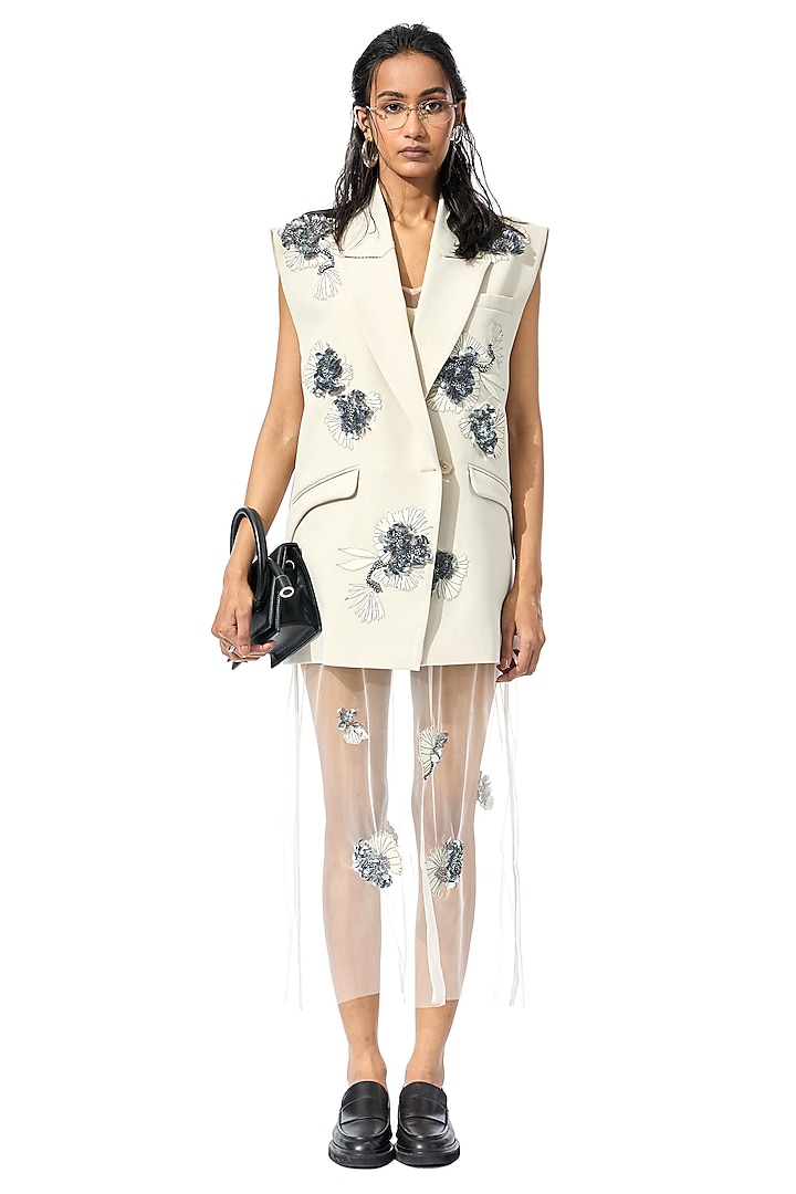 Beige Net & Satin Embellished Slip Vacation Dress by Kanika Goyal at Pernia's Pop Up Shop