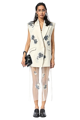 Beige Net & Satin Embellished Slip Dress by Kanika Goyal