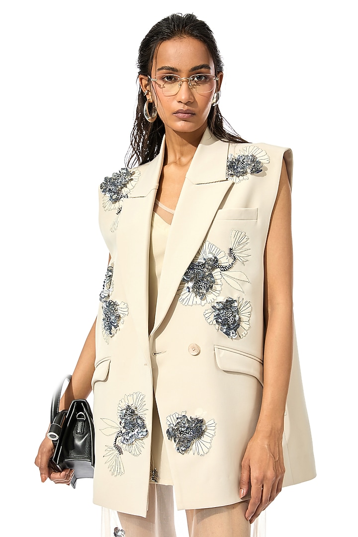 Beige Net & Satin Embellished Slip Vacation Dress by Kanika Goyal at Pernia's Pop Up Shop