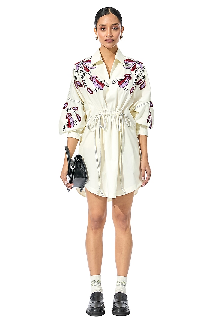 Off-White Cotton Embellished Mini Vacation Dress by Kanika Goyal at Pernia's Pop Up Shop