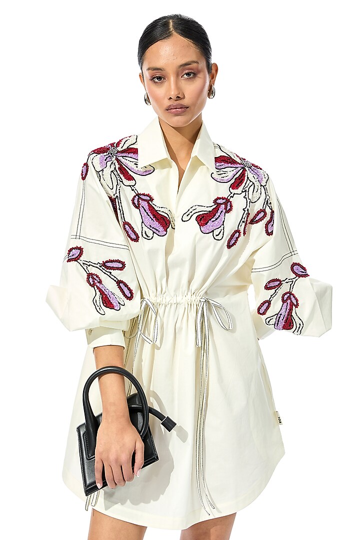 Off-White Cotton Embellished Mini Vacation Dress by Kanika Goyal at Pernia's Pop Up Shop