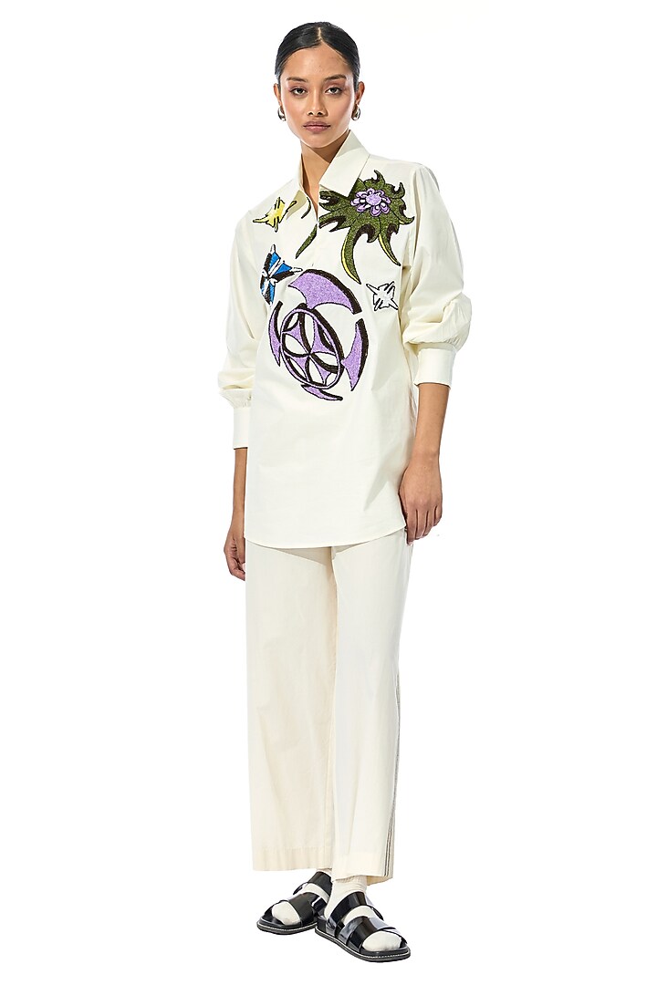 Off-White Cotton Embellished Shirt by Kanika Goyal at Pernia's Pop Up Shop