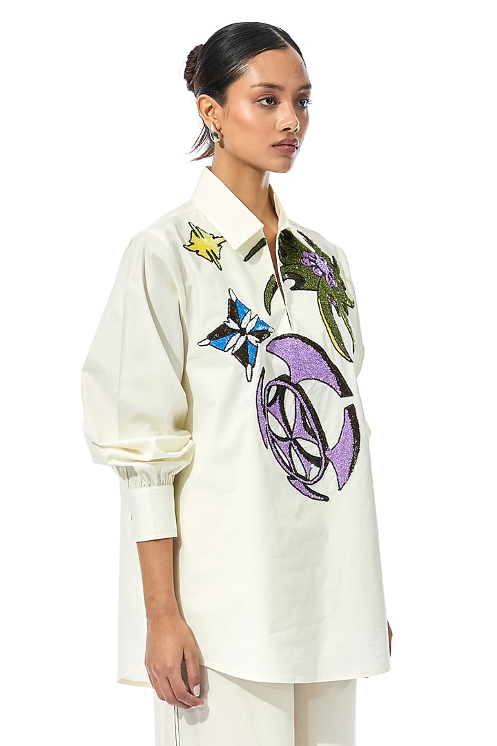 Off-White Cotton Embellished Shirt by Kanika Goyal at Pernia's Pop Up Shop