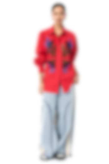 Red Cotton Embellished Shirt by Kanika Goyal at Pernia's Pop Up Shop