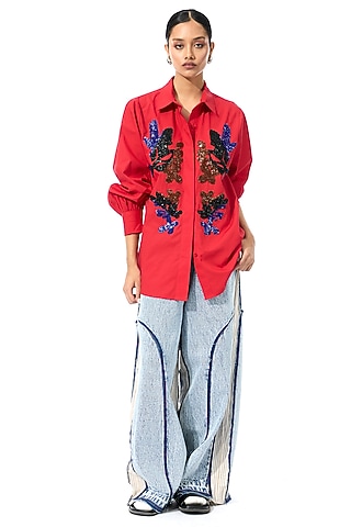 Red Cotton Embellished Shirt by Kanika Goyal
