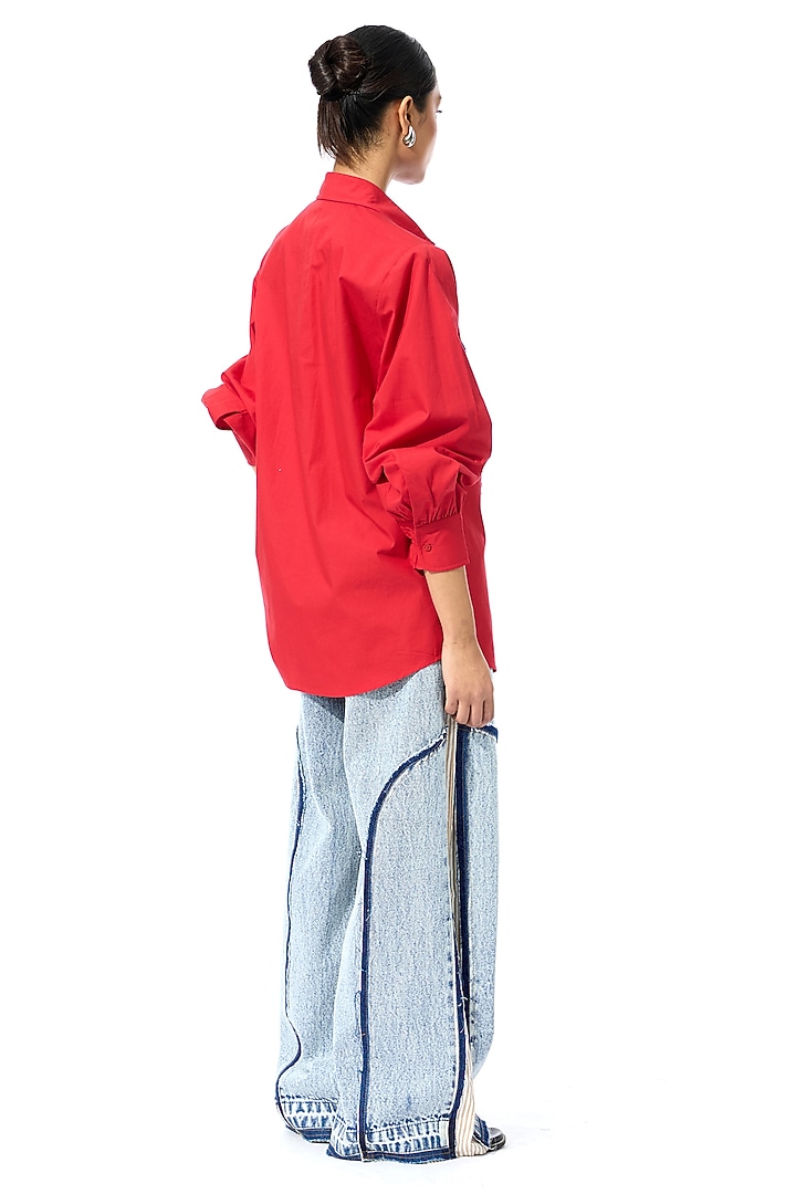 Red Cotton Embellished Shirt by Kanika Goyal at Pernia's Pop Up Shop