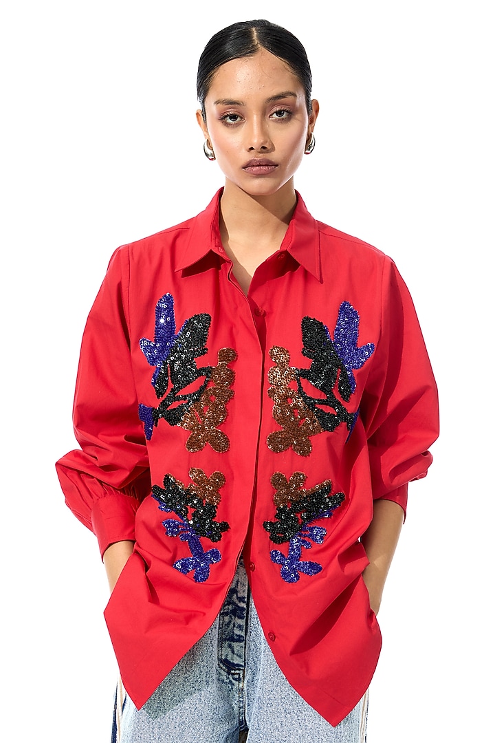 Red Cotton Embellished Shirt by Kanika Goyal at Pernia's Pop Up Shop