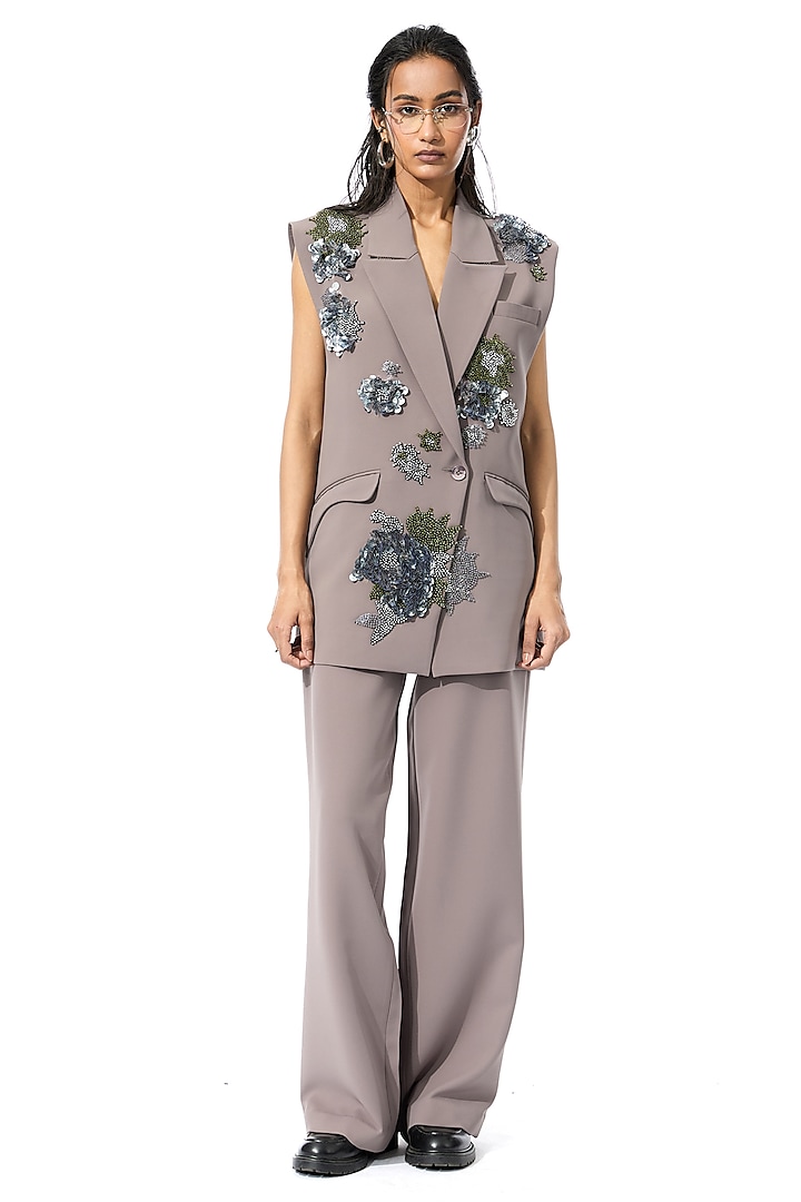 Taupe Polyester Embellished Vest by Kanika Goyal at Pernia's Pop Up Shop
