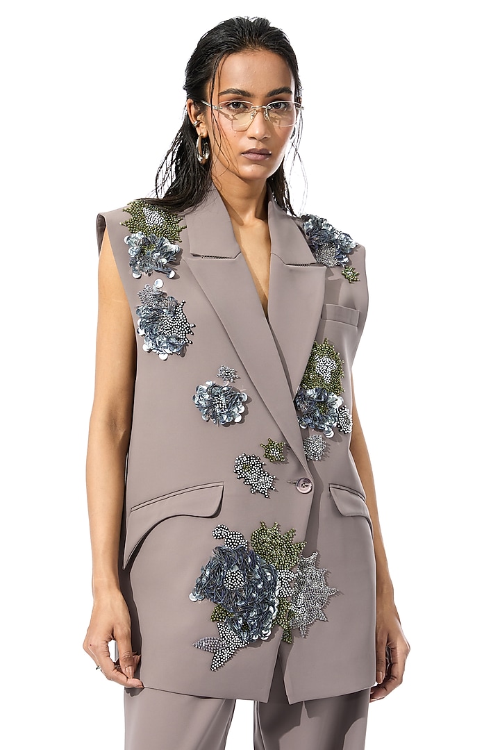 Taupe Polyester Embellished Vest by Kanika Goyal at Pernia's Pop Up Shop