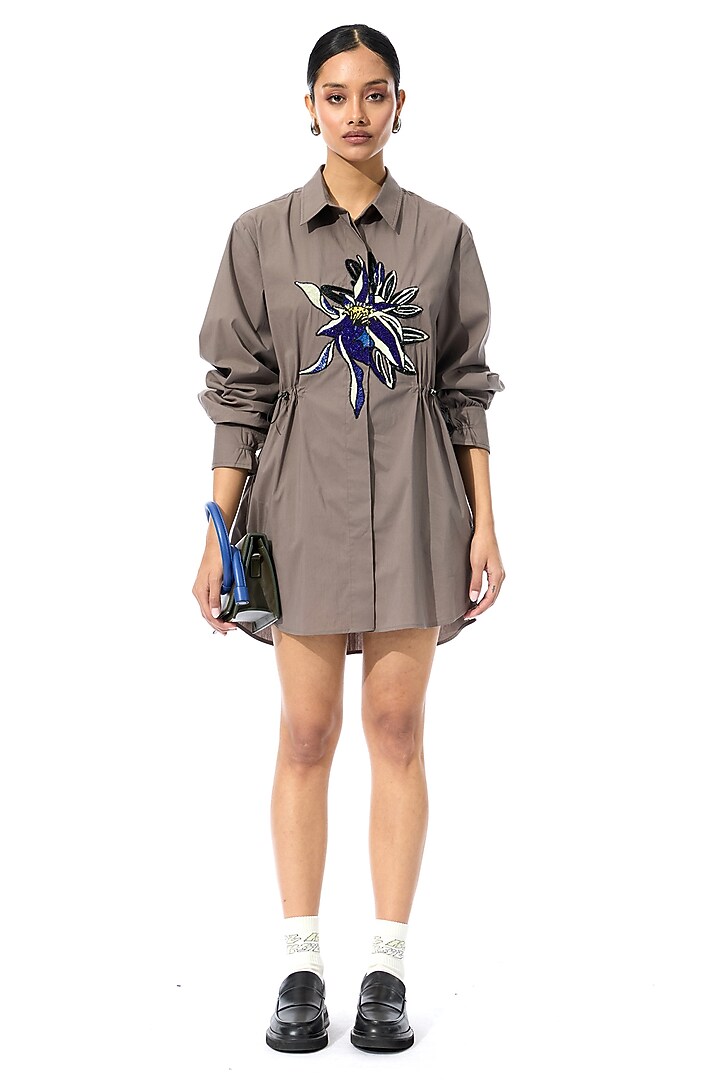 Brown Cotton Applique Mini Vacation Dress by Kanika Goyal at Pernia's Pop Up Shop