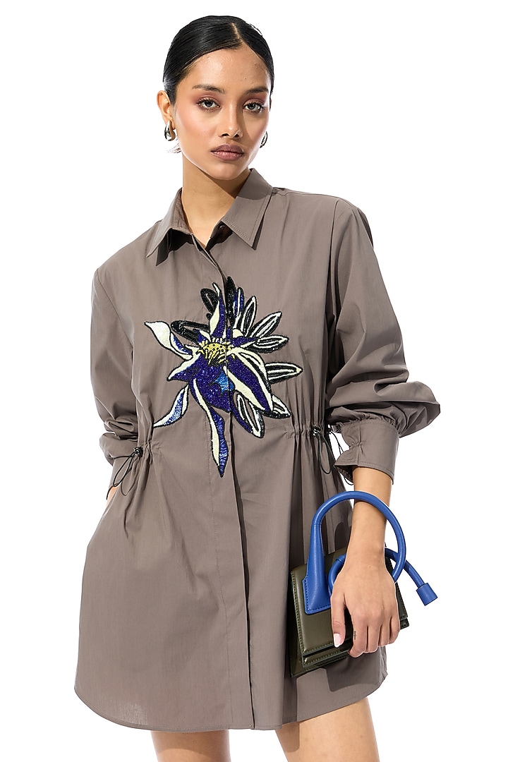 Brown Cotton Applique Mini Vacation Dress by Kanika Goyal at Pernia's Pop Up Shop