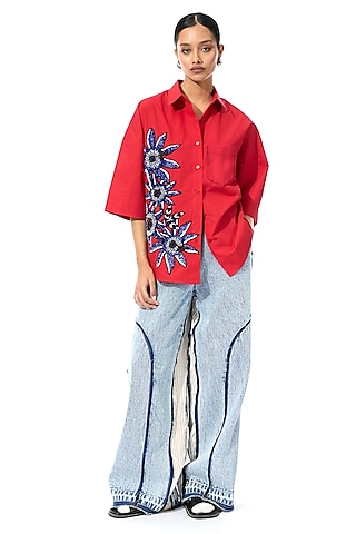 Red Cotton Embellished Shirt by Kanika Goyal